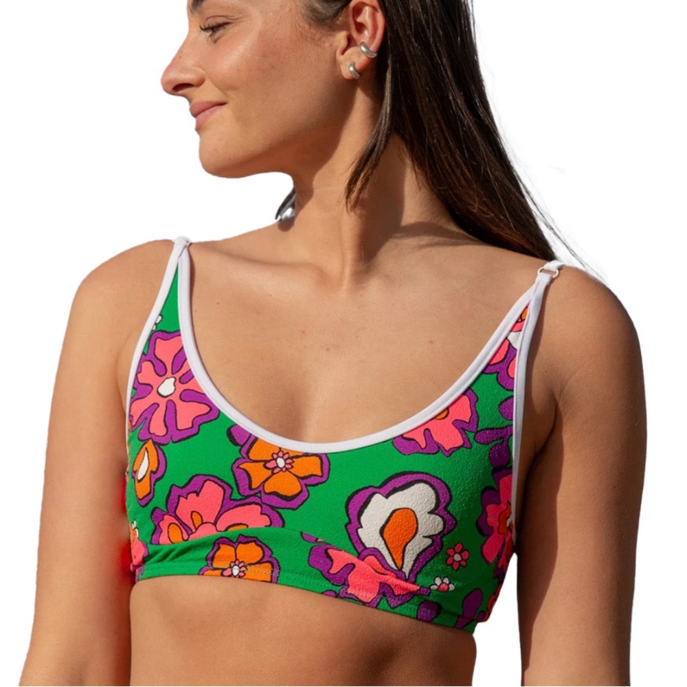 Seea Green Floral Bikini Top with Pink & Orange Accents